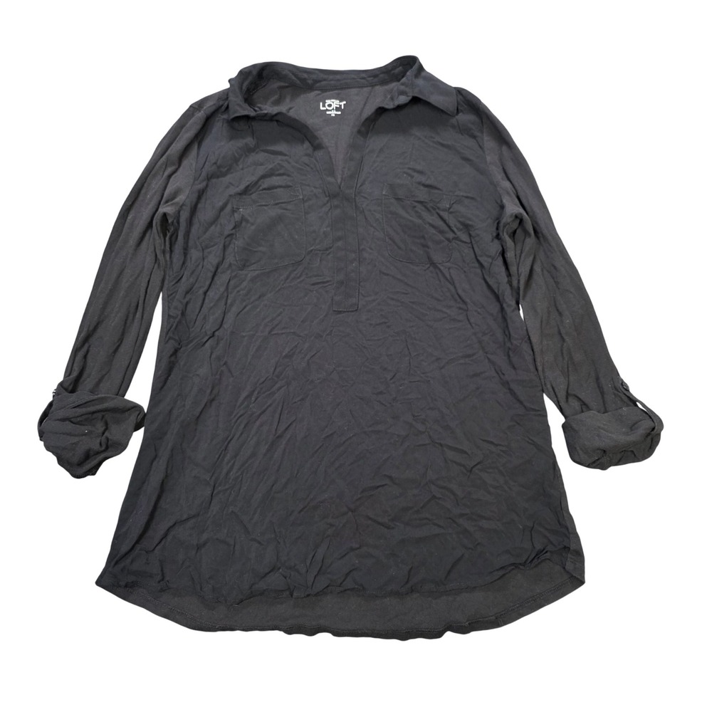Ann Taylor LOFT Roll Tab Tunic Top Womens Size XS Black Mixed Media  Long Sleeve